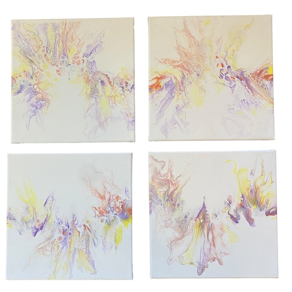 Set of 4 acrylic paint pouring custom canvas art blow out hair dryer art - Picture 1 of 8